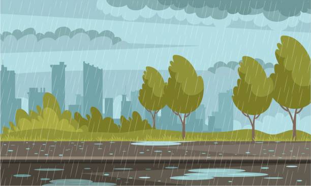 비오는 날씨 도시 배경. 비가 내리는 야외 거리, 웅덩이의 포장, 구름, 건물이있는 하늘. 가을 악천후 벡터 일러스트레이션. 비폭풍의 현대 길가 - 빗방울 stock illustrations
