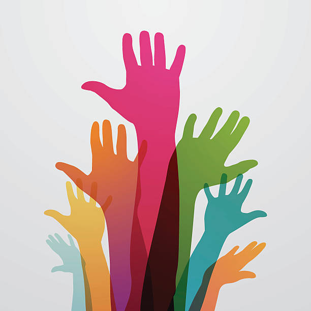 Raised colourful hands Colourful raised hands on gray background. Eps10. This illustration contains transparent and blending mode objects. hand silhouettes stock illustrations