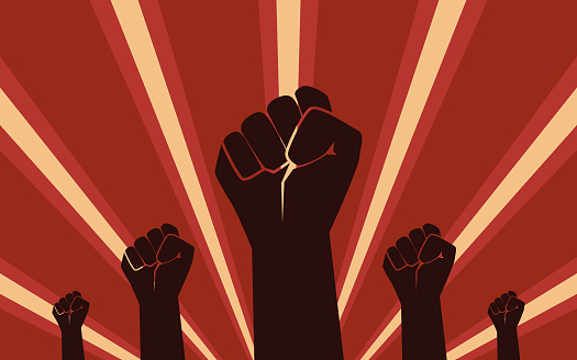 Raised Fist Hand Protest in flat icon design on red color ray background