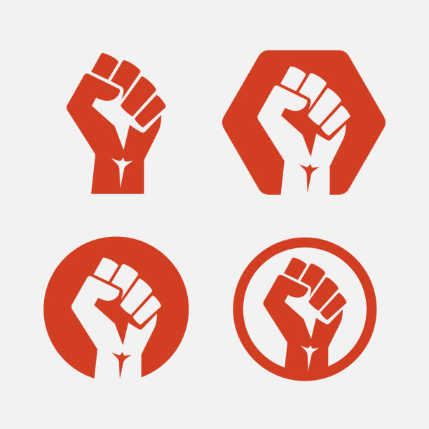 上げられた拳は赤いロゴアイコンを設定します。勝利、抗議または暴動ジェスチャーシンボルの反乱軍のシンボル - 孤立したベクトルのイラスト - 拳点のイラスト素材／クリップアート素材／マンガ素材／アイコン素材