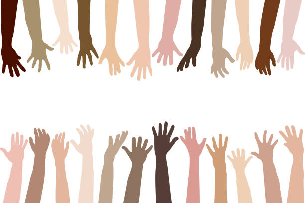 Raised hands of different race skin  multiple arms stock illustrations