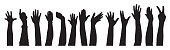 Vector silhouettes of a row of raised hands on a white background.