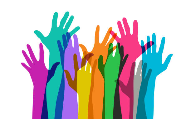 Raised Hands Colourful overlapping silhouettes of Hands raised voting silhouettes stock illustrations