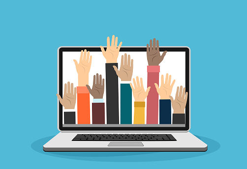 Raised hands volunteering out from laptop vector concept