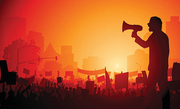 Rally Demonstration Young person leading a demonstration in the city. Files included – jpg, ai (version 8 and CS3), svg, and eps (version 8) protest stock illustrations