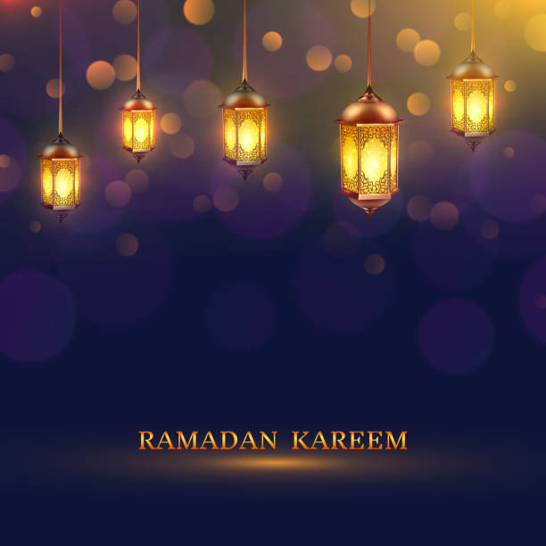 ramadan background 1 Ramadan lights poster several glowing lamps hanging from the ceiling on a dark blue background and title Ramadan Kareem vector illustration fanous stock illustrations