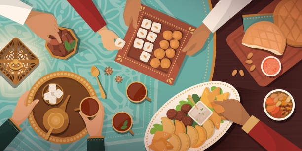 Ramadan celebration with traditional Iftar meal Ramadan celebration with Iftar meal: family gathering at home and eating together traditional recipes and desserts family dinner stock illustrations