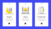 Ramadan Concept Onboarding Mobile App Page Screen with Flat Icons. UX, UI Design Template Vector Illustration