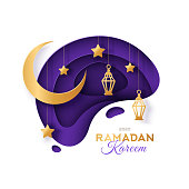 Ramadan Kareem concept banner with traditional lanterns, crescent and stars in violet abstract frame. Paper cut night sky. Vector illustration. Place for your Text