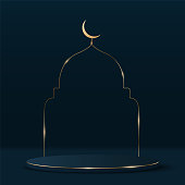 Ramadan Kareem 3d podium with traditional Arabic frame. Cylinder with gold glitter. Minimal muslim scene. Eid Mubarak. Vector illustration. EPS 10