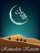 Vector illustration of Ramadan kareem arabian night background with group of people riding camel in desert