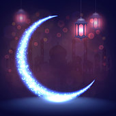 Ramadan Kareem background with arabic lanterns and glowing glittering crescent moon. Greeting islamic card with mosque, islam symbol. Eid Mubarak Muslim feast holy month of Ramadan vector illustration