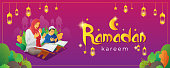Ramadan kareem vector banner with praying people while reading quran