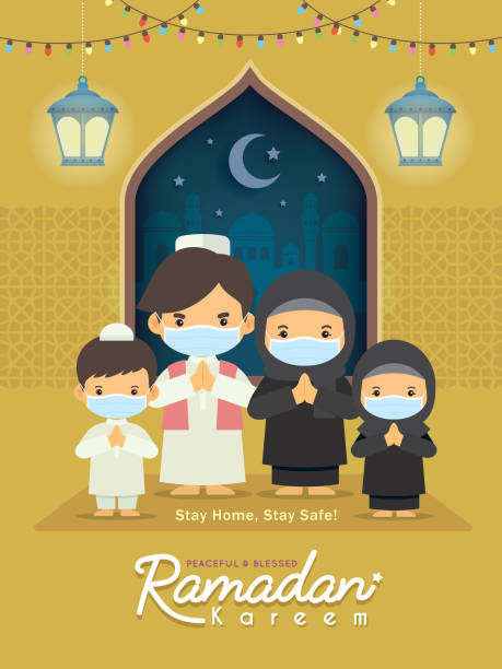 Ramadan kareem - Cartoon muslim or arabian family wearing face mask celebrate festival at home. Ramadan kareem greeting illustration. Cartoon muslim or arabian family wearing face mask celebrate festival at home. Fanous lantern & mosque in flat design. Stay home, stay safe. fanous stock illustrations