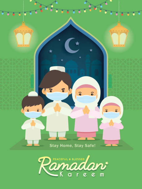 Ramadan kareem - Cartoon muslim or malay family wearing face mask celebrate festival at home. Ramadan kareem greeting illustration. Cartoon muslim or malay family wearing face mask celebrate festival at home. Fanous lantern & mosque in flat design. Stay home, stay safe. cute arab girls stock illustrations