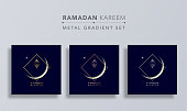 Ramadan Kareem islamic design crescent moon with gold copper and silver square frame on dark blue background.