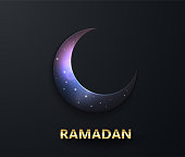 Ramadan Kareem. Effect of the cut paper  night sky with the embossed gold text of Ramadan . Creative design greeting card, banner, poster.
