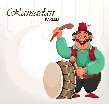 Ramadan Kareem. Funny cartoon character drummer