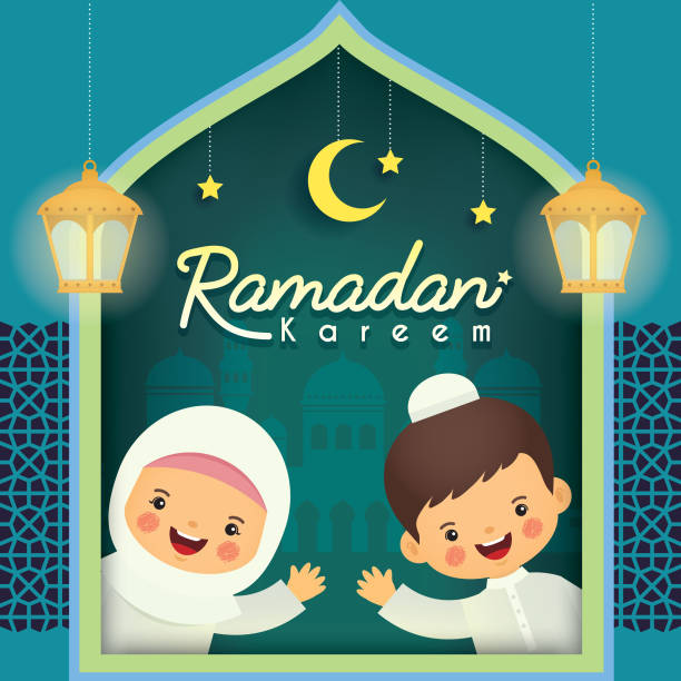 Ramadan kareem greeting card - cartoon muslim kids with famous & mosque Ramadan kareem greeting card. Cute cartoon muslim kids with famous (lantern), mosque, crescent moon, stars & blue window frame. (translation: Ramadan the Generous Month) cute arab girls stock illustrations