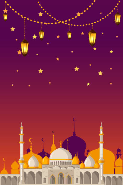 Ramadan Kareem greeting card layout with mosque, minarets, arabic shining lamps, and ornamental decor. Ramadan Kareem vector greeting card layout with mosque, minarets, arabic shining lamps, and ornamental decor. Islamic background good for stories. eid al adha calligraphy stock illustrations