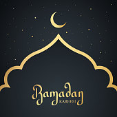 Ramadan Kareem greeting card with hand lettering and gold crescent moon symbol. Template for Ramadan Holy Month greetings and invitations. Vector illustration.