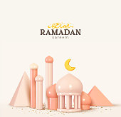 Ramadan Kareem holiday background. Celebrate Ramadan Holy month in Islam. Realistic design with 3d object. Festive banner, poster, flyer, stylish brochure, greeting card, cover. Vector illustration