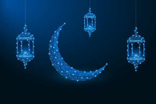 Ramadan Kareem illustration made by points and lines, polygonal wireframe mesh.