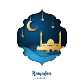 Ramadan Kareem illustration with arabic Gold Origami Mosque, Crescent Moon and Stars. Paper cut style. Vector background.