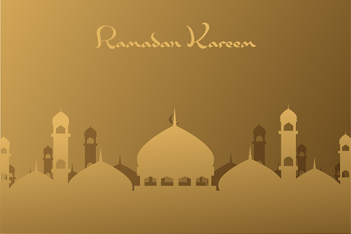 Ramadan kareem islamic greeting background design with silhouette mosque and arabic calligraphy in gold color style vector