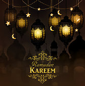 Ramadan Kareem, greeting background with hanging stars moons and lightsRamadan Kareem Lantern or Fanous in a Dark Glowing Background. 3D Realistic Vector Illustration