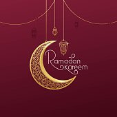 Ramadan kareem lettering typography greeting card with gold crescent and outline lantern
