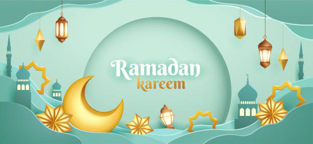 Ramadan Kareem paper graphic of islamic festival design with crescent moon and islamic decorations. vector art illustration