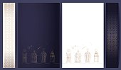 Ramadan kareem posters collection with golden pattern and lanterns.  White, blue, gold colors. Vector illustration