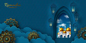 Ramadan Kareem vector banner with paper cut arabic window, clouds and flowers, mosque. Blue traditional background for Muslim holy month.