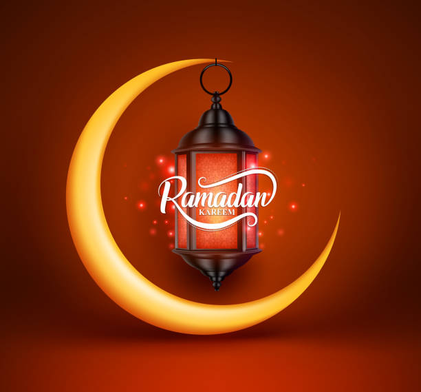 Ramadan kareem vector greetings design with lantern or fanoos hanging Ramadan kareem vector greetings design with lantern or fanoos hanging in yellow crescent moon in red background. Vector illustration. fanous stock illustrations