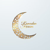 Ramadan Kareem. Vector religious illustration. Paper cut crescent moon with tradition arabic girih golden pattern and text. Muslim holy month Ramadan celebration. Festive event
