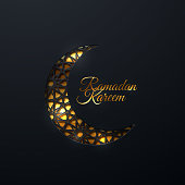 Ramadan Kareem. Vector islam religious illustration of golden crescent moon. Muslim holy month Ramadan postcard design. Black banner textured with golden glowing paint and traditional girih pattern