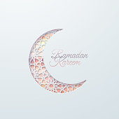 Ramadan Kareem. Vector religious illustration. Paper cut crescent moon with tradition arabic girih pattern and text. Muslim holy month Ramadan celebration. Festive event