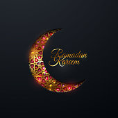 Ramadan Kareem. Vector islam religious illustration of gemstones encrusted crescent moon. Muslim holy month Ramadan postcard design. Black banner with golden girih pattern and shiny gem crystals