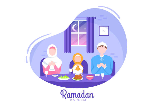 Ramadan Kareem with Breaking the Fast, Iftar or Sahur in Flat Background Vector Illustration for Religious Holiday Islamic Eid Fitr and Adha Festival Banner or Poster Ramadan Kareem with Breaking the Fast, Iftar or Sahur in Flat Background Vector Illustration for Religious Holiday Islamic Eid Fitr and Adha Festival Banner or Poster eid al adha calligraphy stock illustrations