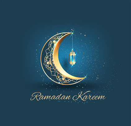 Ramadan kareem with golden ornate crescent and islamic line mosque dome with classic pattern and lantern greeting  card islamic celebration background for graphic design