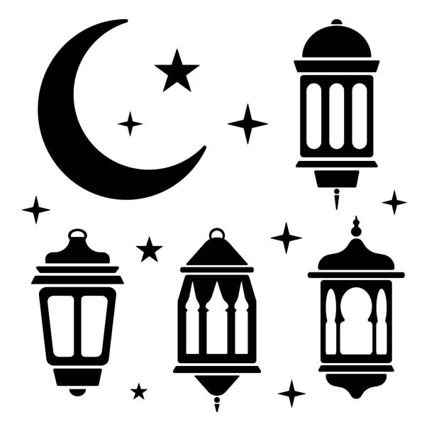Ramadan lantern, moon and stars in black and white. Ramadan set collection lantern, moon and stars in black and white. Vector illustration. fanous stock illustrations