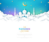 Ramadan Kareem Banner with Moon, Clouds and 3d Paper cut Sheikh Zayed Grand Mosque. Vector illustration. Place for your Text.
