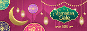 Ramadan Sale, web header or banner design with golden shiny frame, arabic lanterns and golden crescent moon on purple background. Up to 50% discount offer