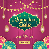 Ramadan Sale, web header or banner design with golden shiny frame, arabic lanterns and Islamic Ornament on purple background. Up to 50% discount offer