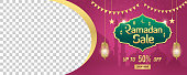 Ramadan Sale, web header or banner design with golden shiny frame, arabic lanterns and space for your image on purple background. Up to 50% discount offer