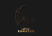 Ramadan vector background. paper cut effect surrounds the glitter of golden sand. Arabic calligraphic text translation of Ramadan Kareem