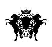 pair of rearing up horses with royal crown and shield among rose flowers - black rampant animals with heraldic vector design elements over white