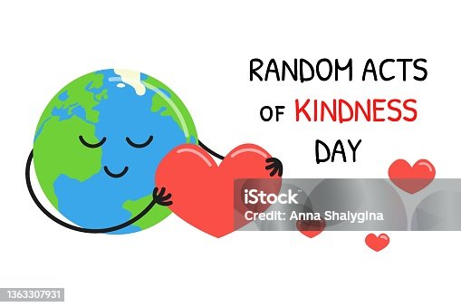 istock Random acts of Kindness Day. February 17. Cute happy Earth holding big heart. Vector Kindness Day poster illustration with white background and text 1363307931