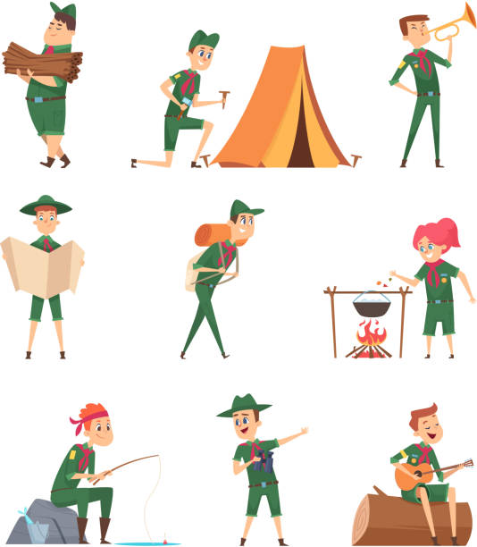 дети рейнджеров. маленькие разведчики в зеленой форме выживания символов с рюкзаком изучения вектор детей - rangers stock illustrations